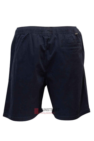 A rear view of the Pilgrim Elastic Waist Short in plain black, crafted from lightweight fabric and featuring a single back pocket on the right side for summer comfort.