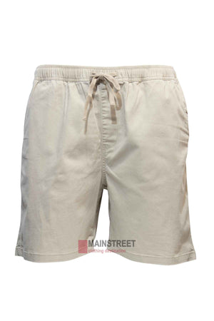 The Pilgrim Elastic Waist Short in beige features side pockets, making it ideal for a casual day out. Crafted from lightweight fabric, these shorts are shown against a white background, with the Mainstreet logo partially visible at the bottom.