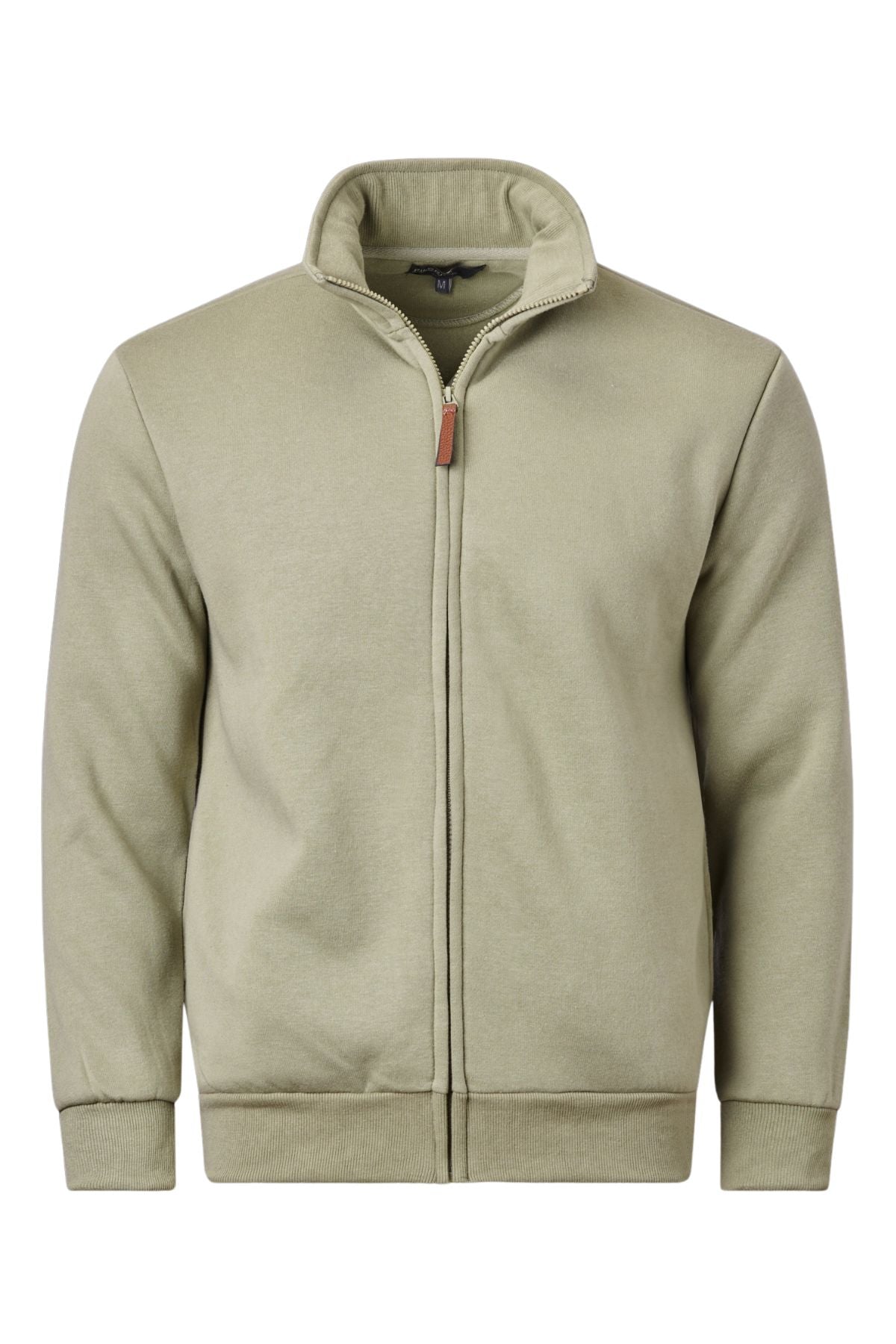 The Pilgrim Full Zip Fleece is a light olive green jacket with a high collar, brown pull tab on the front zipper, long sleeves, and ribbed cuffs and hem, shown against a plain white background.