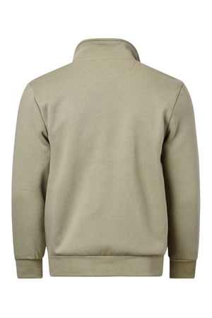 The Pilgrim Full Zip Fleece is a light olive green fleece pullover sweatshirt with long sleeves, ribbed cuffs, and hem, displayed from the back on a white background.