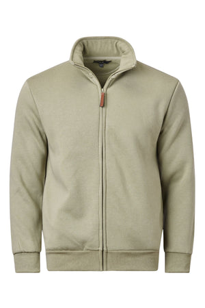 The Pilgrim Full Zip Fleece is a light olive green jacket with a high collar, brown pull tab on the front zipper, long sleeves, and ribbed cuffs and hem, shown against a plain white background.