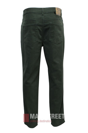 The Pilgrim Moleskin Jean in dark green is shown from the back with two rear pockets and a tan leather patch on the waistband, set against a white background. The Main Street Clothing Destination logo appears partially at the bottom.