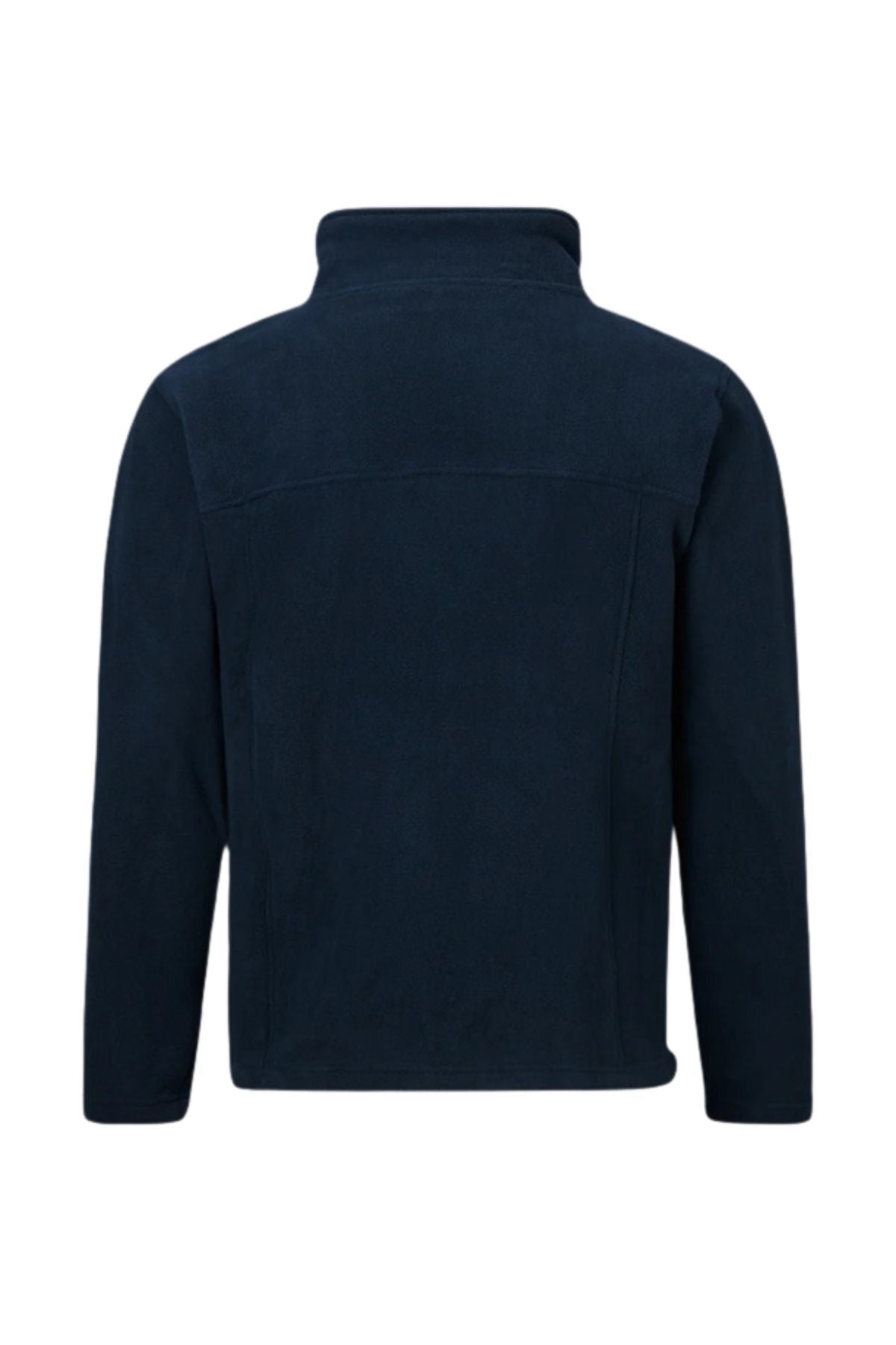The Pilgrim Polar Fleece Full Zip Jacket in navy blue is shown from the back, featuring a high collar, long sleeves, and a minimalist designβideal as a cozy casual jacket for everyday wear.