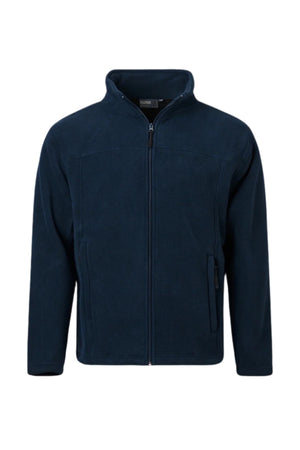 The Pilgrim Polar Fleece Full Zip Jacket in navy blue features a full front zipper, stand-up collar, long sleeves, and zippered side pocketsβan ideal casual jacket for everyday comfort, shown against a white background.