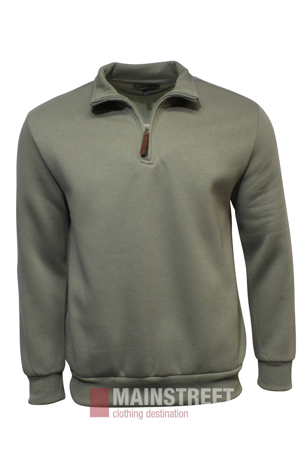 The Pilgrim Quarter Zip Fleece is a light grey, long-sleeve pullover with a stand-up collar and brown zipper pull, made from breathable fabric. Shown on a white background with the MAINSTREET clothing destination logo at the bottom.