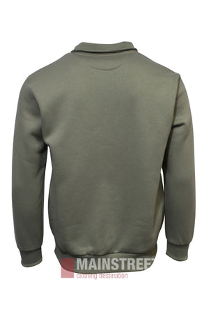 Back view of the Pilgrim Quarter Zip Fleece in olive green, featuring long sleeves, ribbed cuffs and hem, and breathable fabric. The MAINSTREET Clothing Destination logo is partially visible at the bottom. Ideal for casual wear.