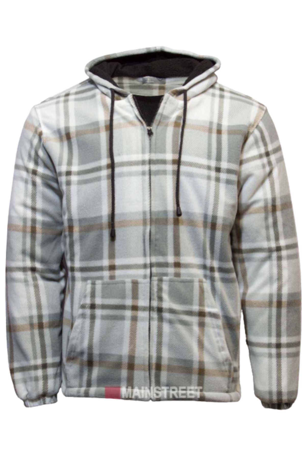 The Pilgrim Check Sherpa Hooded Jacket features a gray, white, and brown plaid pattern with black drawstrings, front pockets, elastic cuffs, and cozy sherpa lining for warmth, shown on a plain white background.