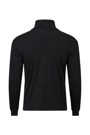 Back view of the Pilgrim Skivvy, a plain black long-sleeve collared shirt with fitted cuffs and no visible logos or patterns—an ideal base layer for Australian winters.
