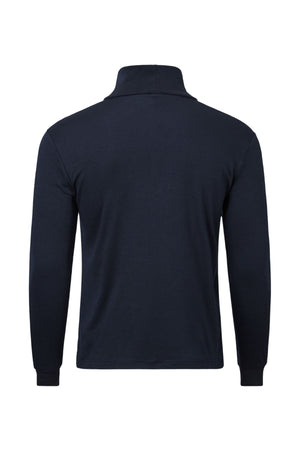 Back view of the Pilgrim Skivvy—a long-sleeve, dark navy blue polo with collar and ribbed cuffs, ideal as a base layer for chilly Australian winters. Shown against a plain white background.