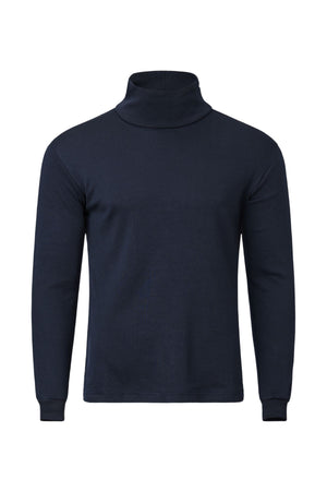 The Pilgrim Skivvy is a plain, navy blue long-sleeve turtleneck with a high collar and ribbed cuffs, shown on a white background. Ideal as a base layer for chilly Australian winters.