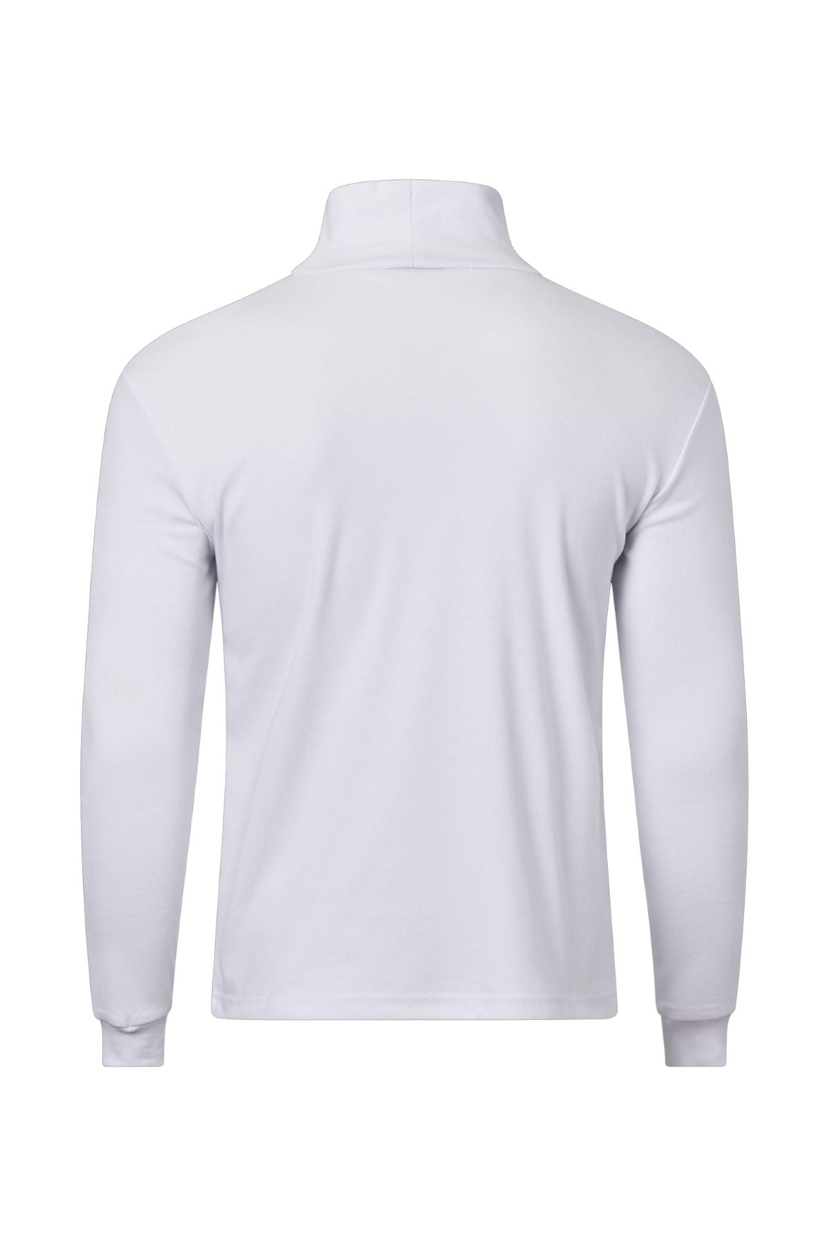 The Pilgrim Skivvy is shown from the back, featuring a high collar and fitted cuffs. Its plain white design makes it an ideal base layer for chilly Australian winters, with no visible logos or embellishments.