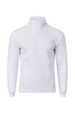 The Pilgrim Skivvy is a plain white long sleeve turtleneck shirt shown on a white background. Its fitted design and ribbed cuffs make it ideal as a base layer for chilly Australian winters, featuring no visible logos or patterns.