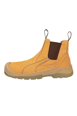 The Puma Tanami Scuff Cap Elastic Sided Safety Boot is a tan slip-on with a fibreglass toe cap, brown elastic side panels, front and back pull tabs, and a thick beige rugged sole, shown in left side profile.