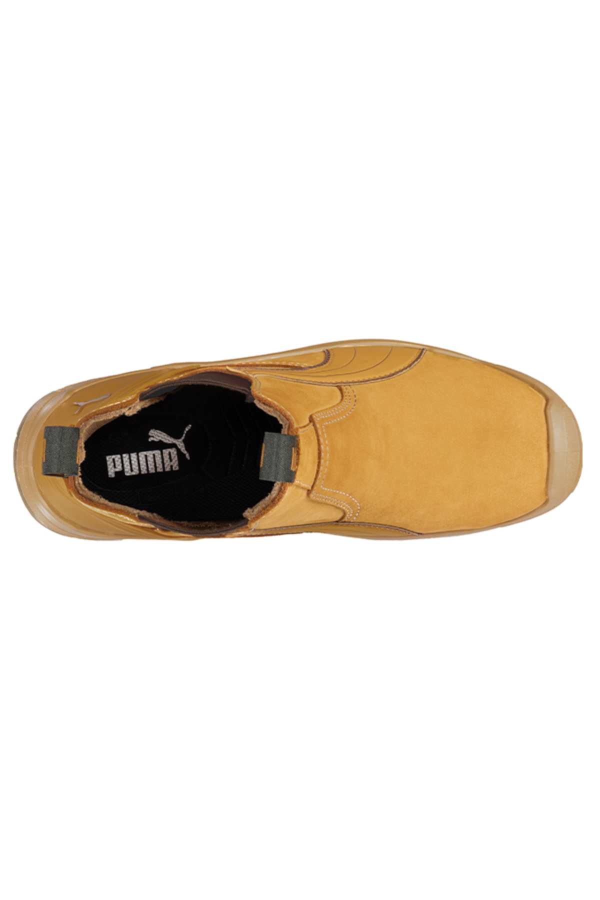 Top view of the Puma Tanami Scuff Cap Elastic Sided Safety Boot in tan with suede finish, black inner lining, heat-resistant rubber sole, and Puma logo on the insole.