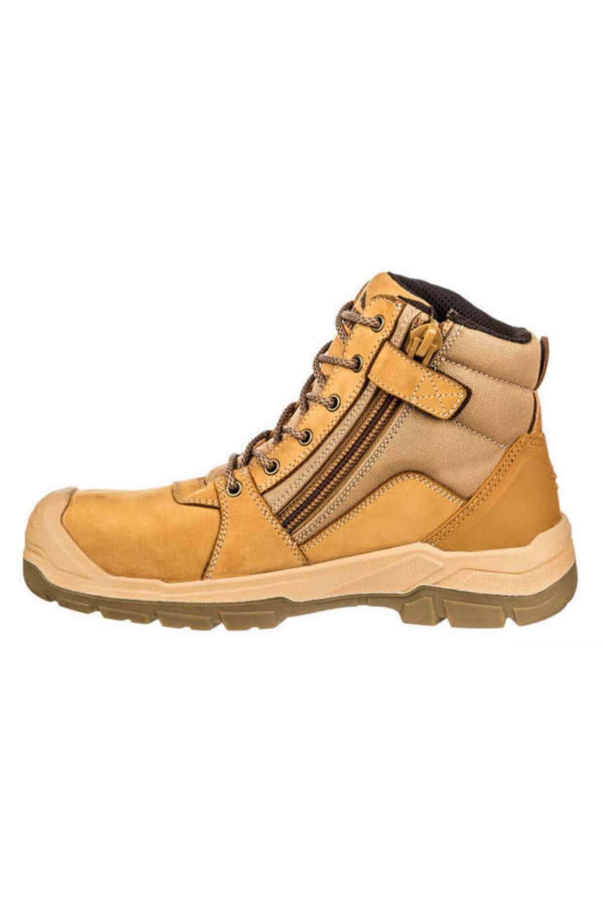 The Puma Tornado Safety Boot in tan and beige nubuck leather features brown laces, a side zipper, buckle detail, rugged sole, reinforced toe, and is shown in profile against a white background.