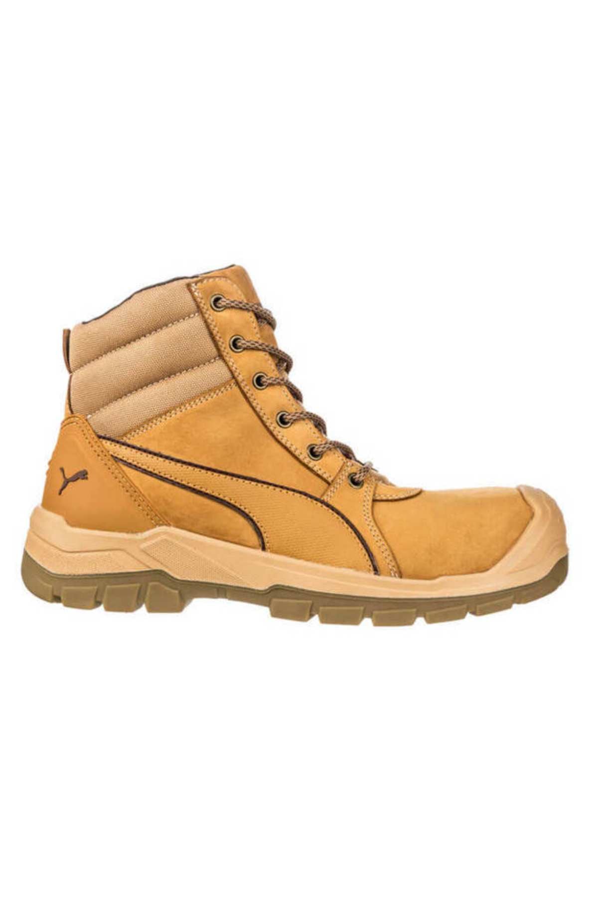 The Puma Tornado Safety Boot is a tan and brown nubuck leather high-top with a rugged sole, black laces, padded ankle collar, and Puma logos. It features BreathActive lining for all-day comfort.