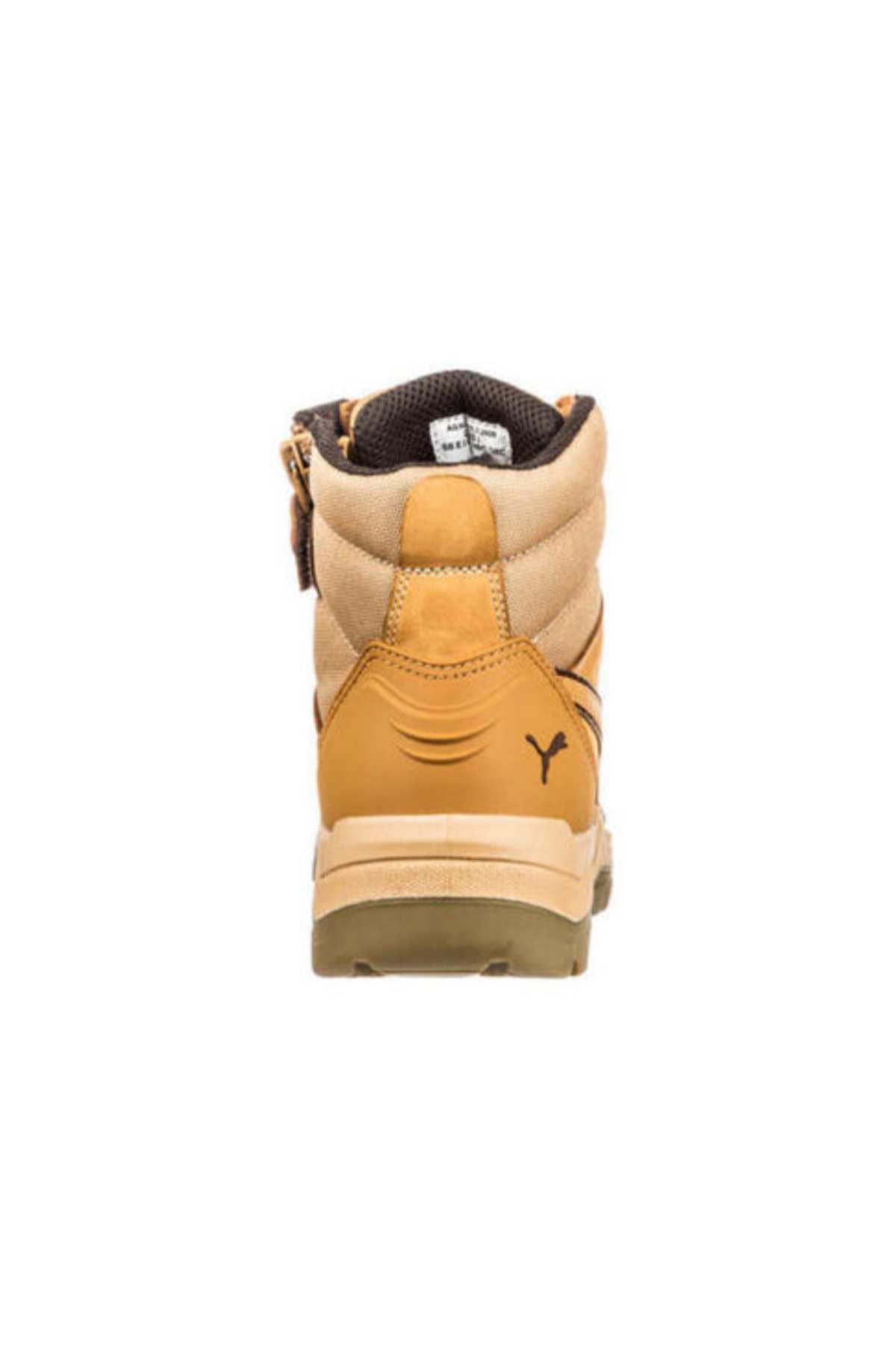 Rear view of the Puma Tornado Safety Boot featuring tan and brown nubuck leather, padded collar, textured sole, BreathActive lining, and a black Puma logo on the heel, displayed on a white background.