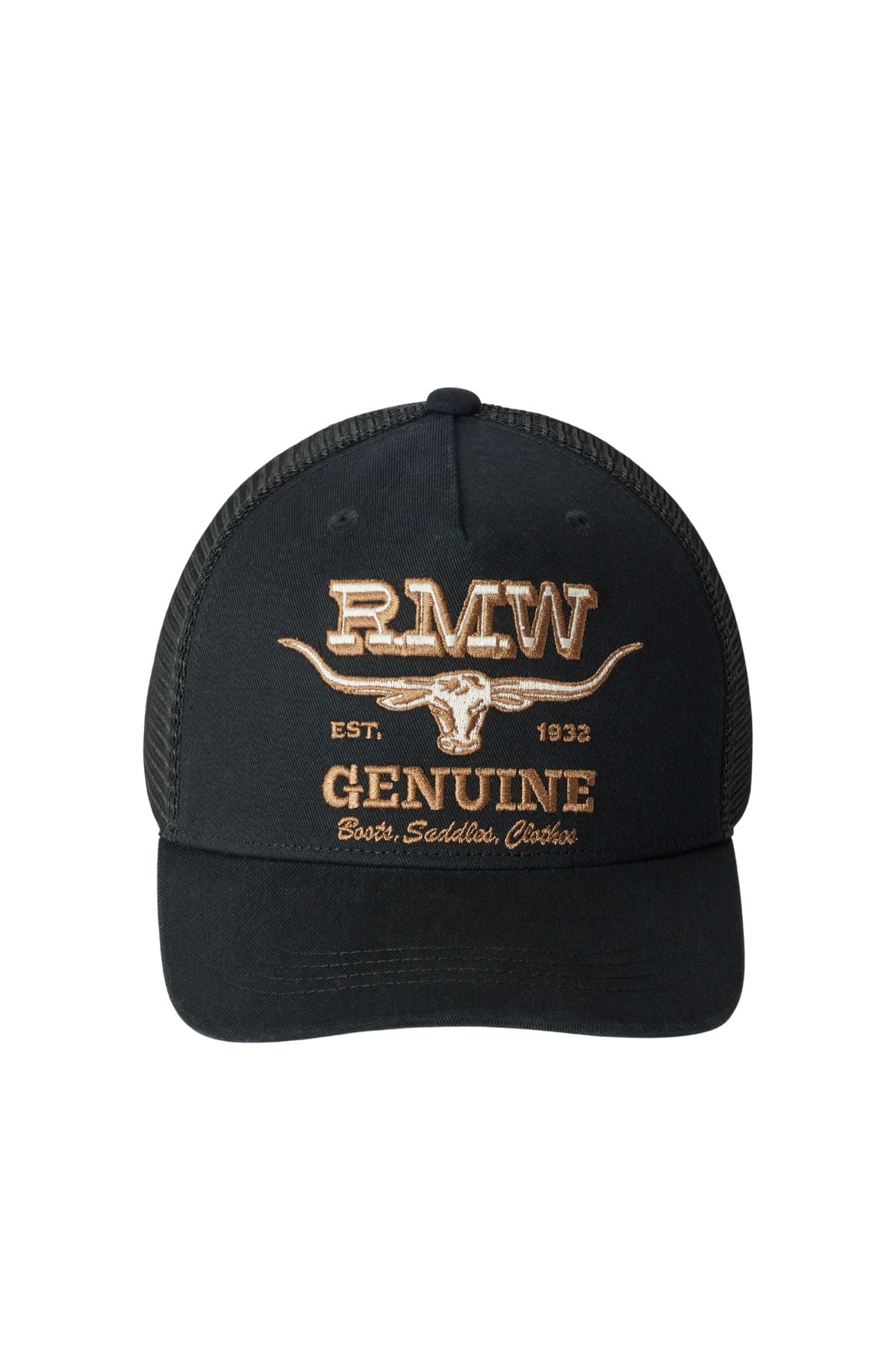 The RM Williams Genuine Longhorn Trucker Cap is black with mesh sides, tan "RMW GENUINE" embroidery, a bull head graphic, and "EST. 1932 Boots, Saddles, Clothing" for classic western style.