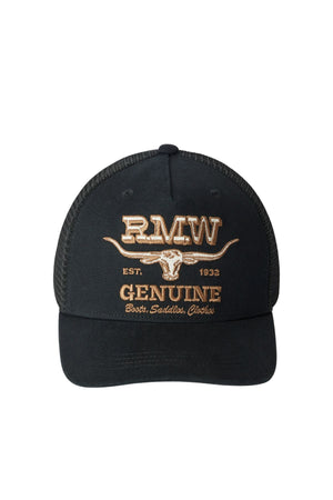 The RM Williams Genuine Longhorn Trucker Cap is black with mesh sides, tan "RMW GENUINE" embroidery, a bull head graphic, and "EST. 1932 Boots, Saddles, Clothing" for classic western style.