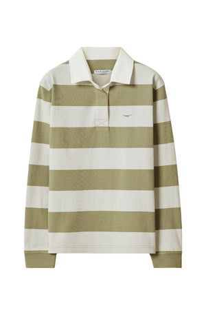 The RM Williams Narran Stripe Rugby is a heavyweight brushed cotton long-sleeve shirt with wide olive green and off-white stripes, a white collar, and a small embroidered chest logo.