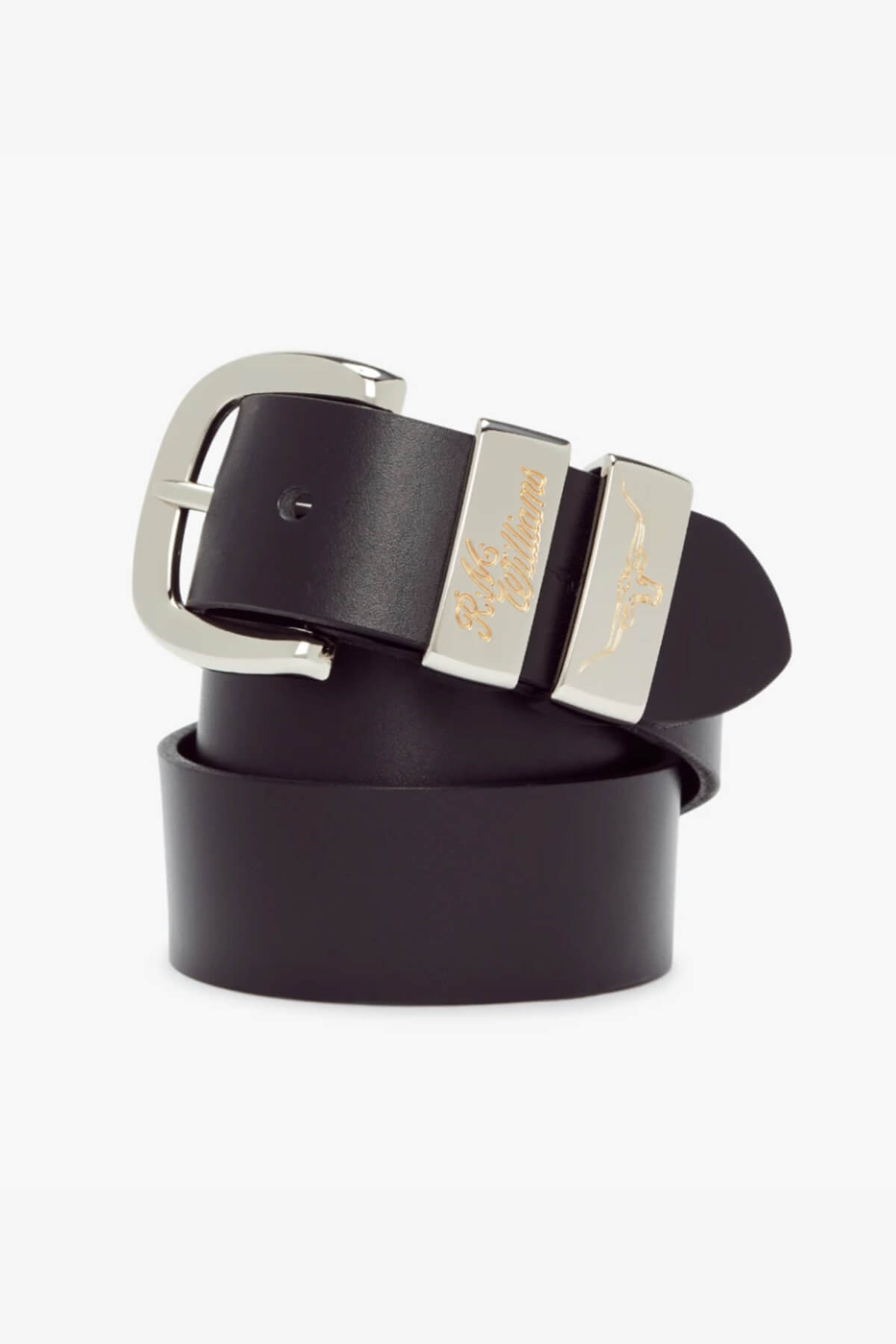 The RM Williams 1 1/2 Jerrawa Belt, crafted from solid black hide leather in Australia, boasts a polished nickel buckle adorned with an engraved logo and text. Its elegant design is further highlighted by the neatly coiled presentation, emphasizing the belt's smooth, high-quality texture and sleek buckle.