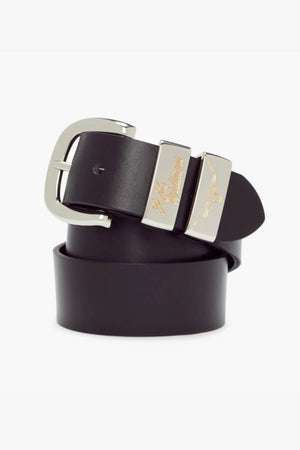 The RM Williams 1 1/2 Jerrawa Belt, crafted from solid black hide leather in Australia, boasts a polished nickel buckle adorned with an engraved logo and text. Its elegant design is further highlighted by the neatly coiled presentation, emphasizing the belt's smooth, high-quality texture and sleek buckle.