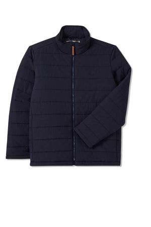 The RM Williams Patterson Creek Jacket is a navy blue, quilted zip-through jacket with a stand collar, front zipper, and recycled nylon material, shown flat on a white background.