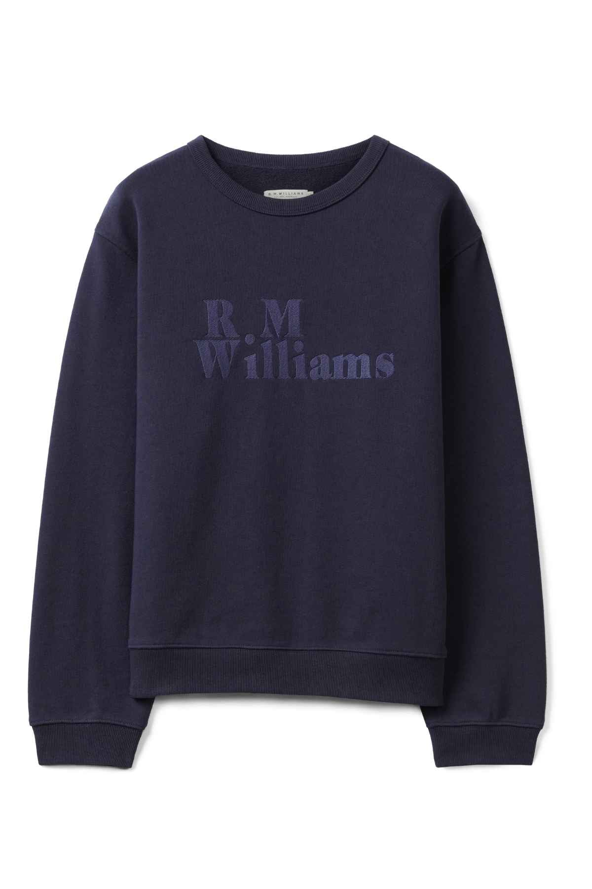 The RM Williams Womens Bold Heritage Sweatshirt is a navy blue, long-sleeve organic cotton sweatshirt with "R.M.Williams" embroidered on the front in matching navy blue thread.