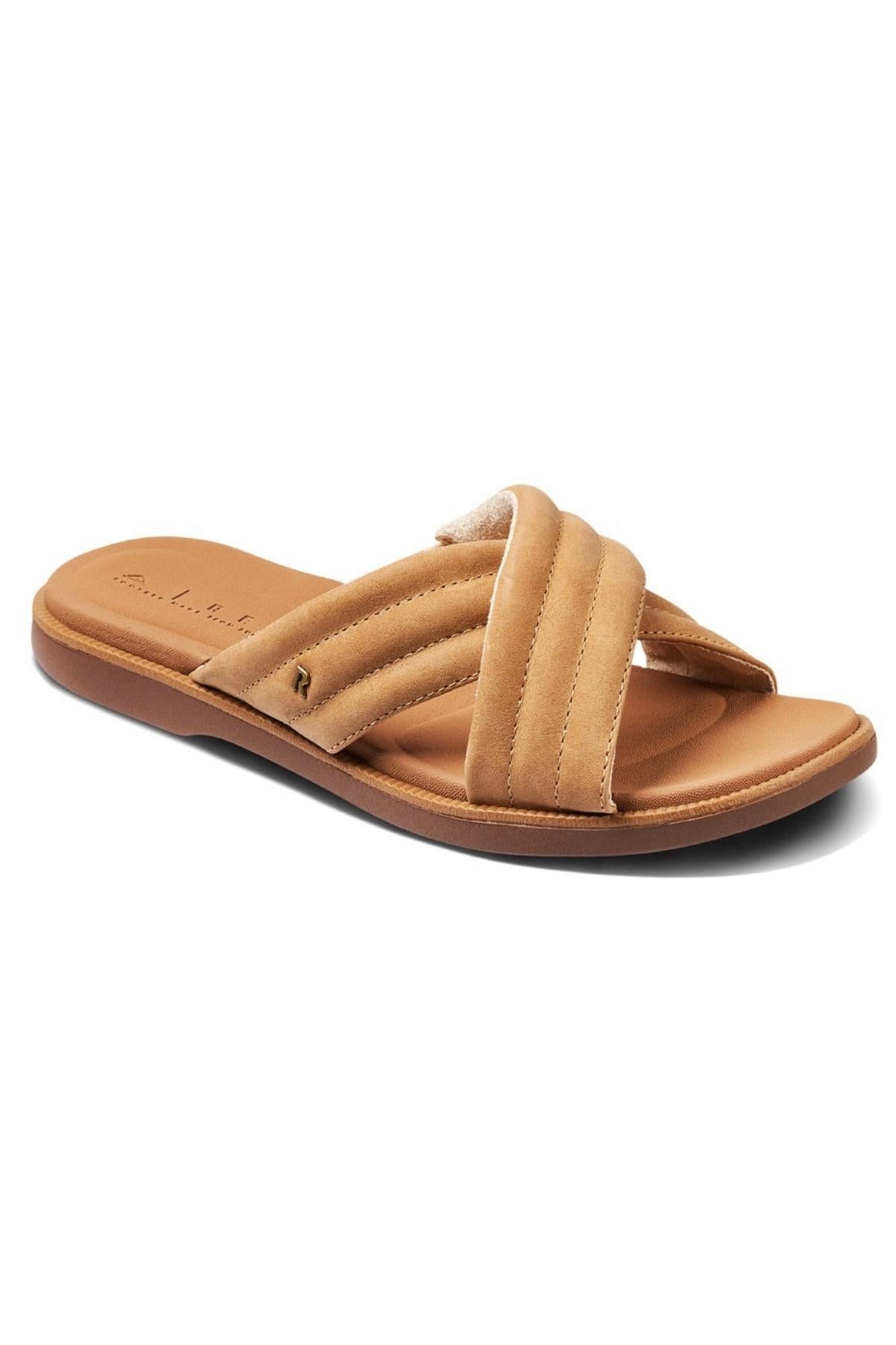 Experience ultimate comfort with the REEF Lofty Lux X tan sandal. Its cushioned, quilted cross-strap design, flat sole, and open-toe style make it ideal for casual wear, blending style with eco-friendly innovation.