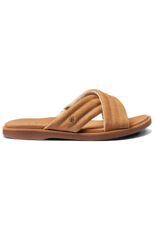 View the REEF Lofty Lux X slide sandal with padded cross straps and a flat sole, providing premium comfort as part of our sustainable collection.