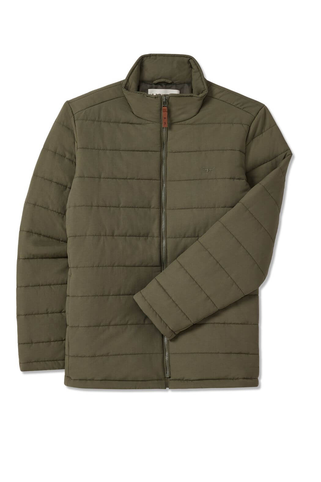 The RM Williams Patterson Creek Jacket in olive green features a classic quilted puffer design with horizontal stitching, a stand-up collar, front zipper, and full-length sleeves. Made from thick polyester twill, it offers minimalist elegance for any chilly day.
