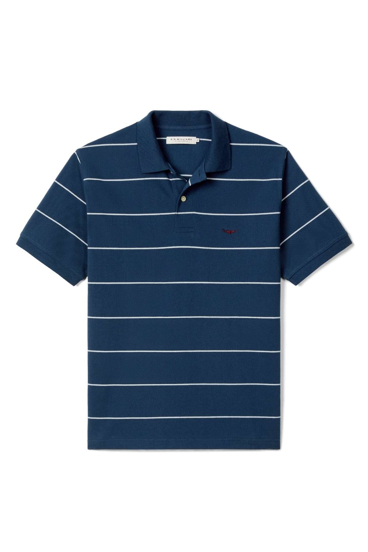 The RM Williams Albany Stripe Polo is a navy short-sleeve shirt with thin white stripes, a buttoned collar, and a small embroidered logo on the left chest.