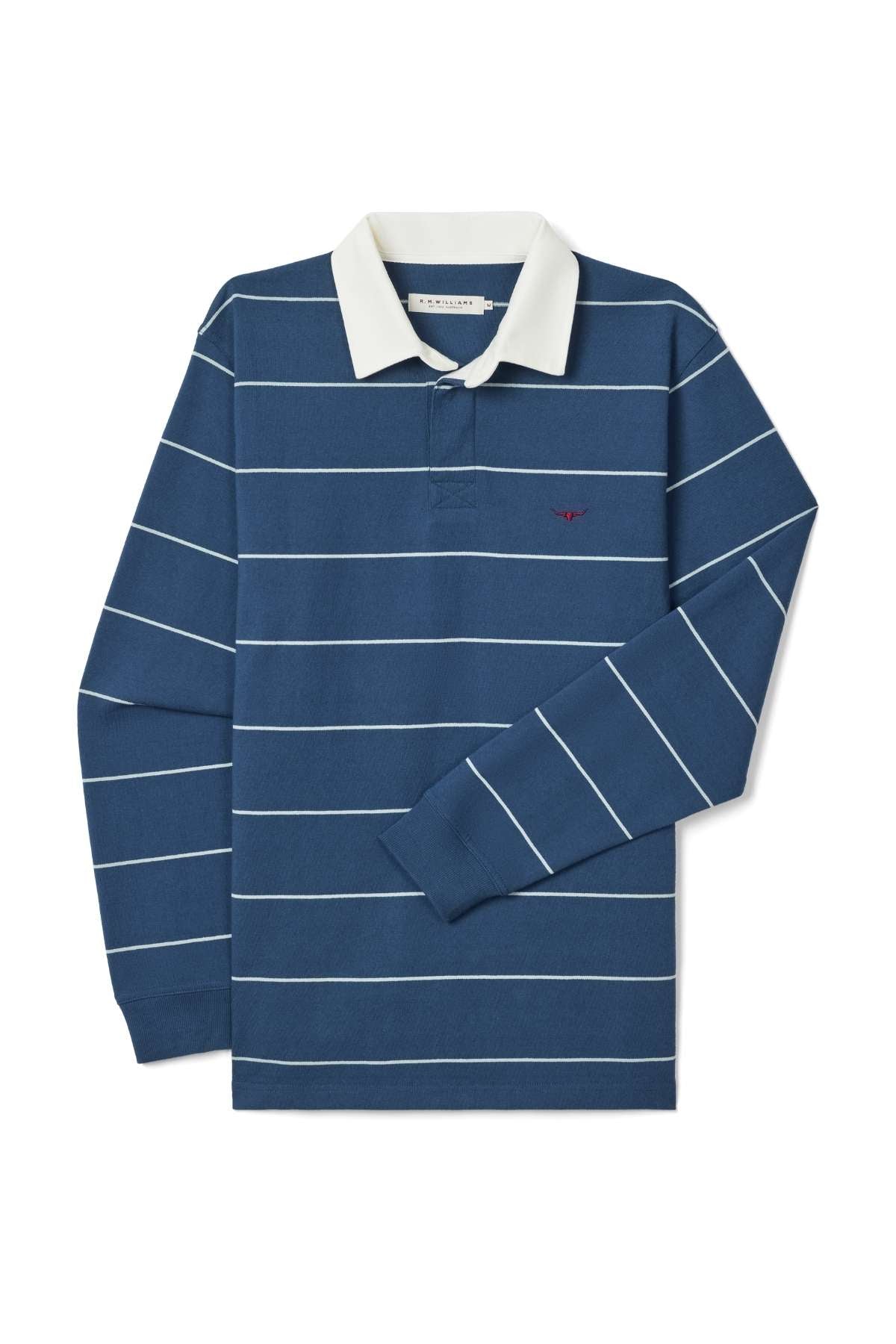 The RM Williams Albany Stripe Rugby is a blue long-sleeve polo shirt with white horizontal stripes, a white collar, and a small embroidered chest logo.