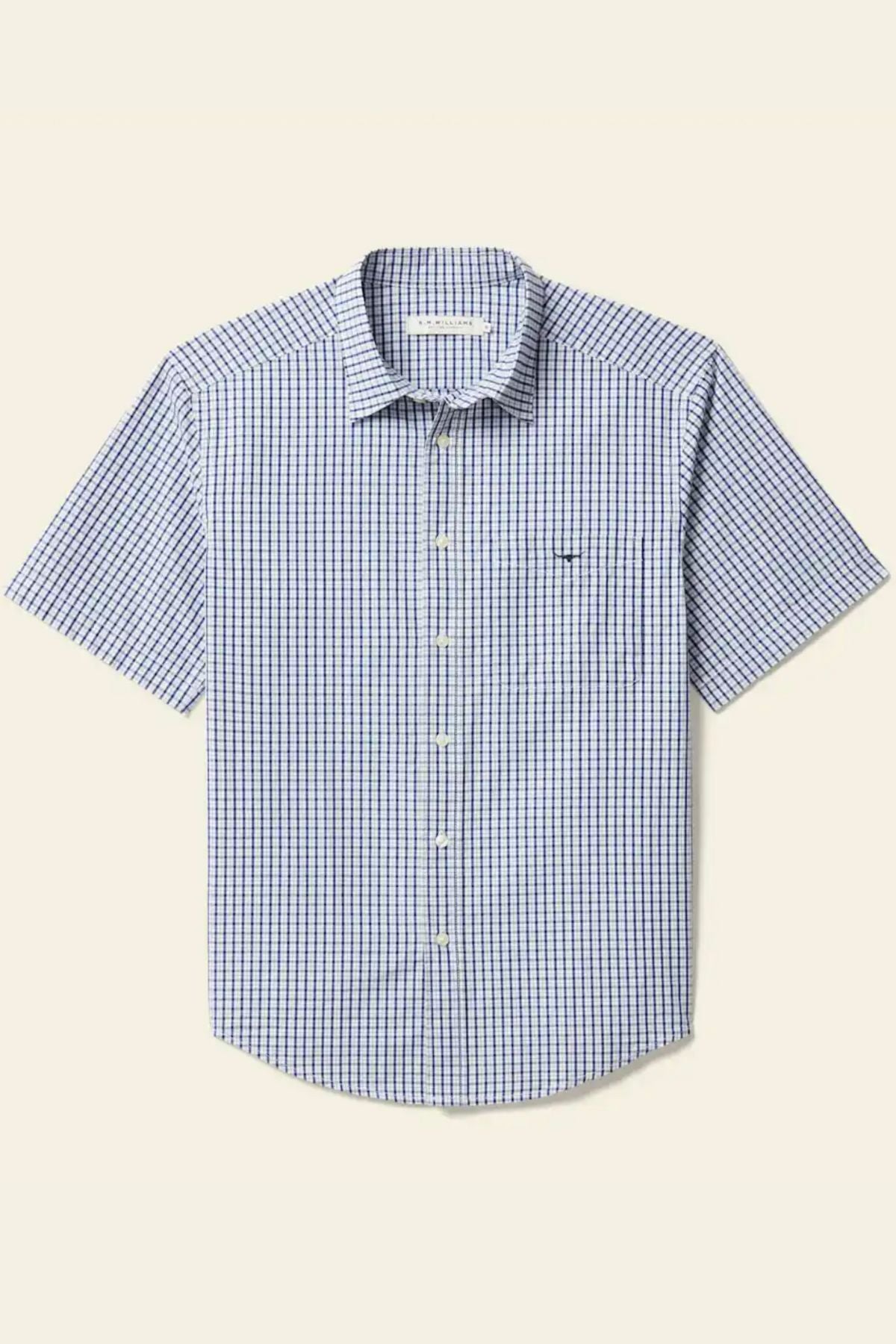 The RM Williams Augusta Poplin Short Sleeve Shirt is an organic cotton, relaxed-fit, blue and white checkered button-up with a collar and a left-side chest pocket.