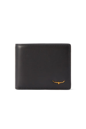 The RM Williams Bi Fold Wallet with Pocket is crafted from black full-grain leather, features visible stitching, and has a small gold longhorn emblem in the bottom right corner. Shown closed against a white background.