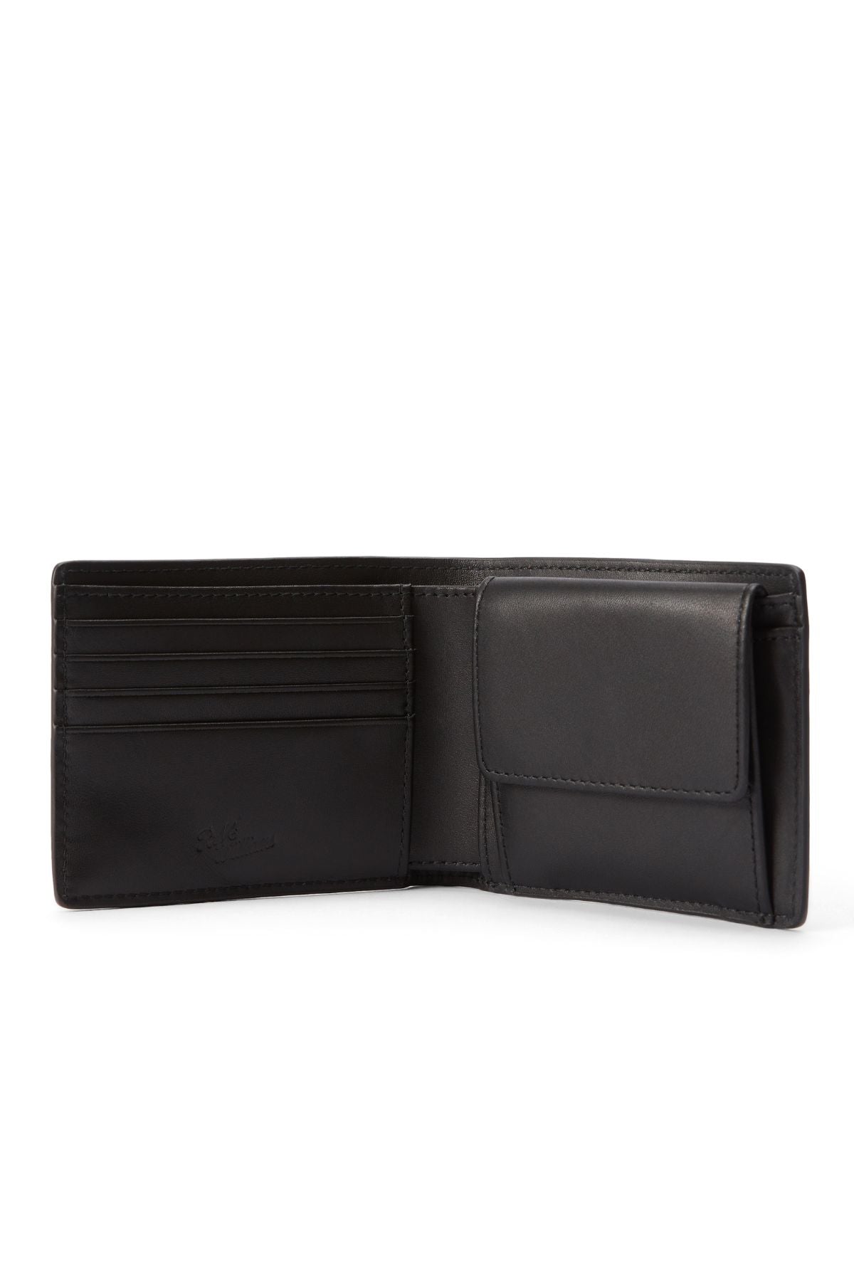 The RM Williams Bi Fold Wallet with Pocket is crafted from full-grain leather, featuring RFID protection, multiple card slots on the left, and a flap coin pocket on the right.