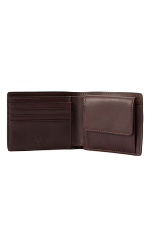 The RM Williams Bi Fold Wallet with Pocket features brown full-grain leather, multiple left card slots, a right flap coin pocket, and classic visible stitching for a simple yet timeless design.