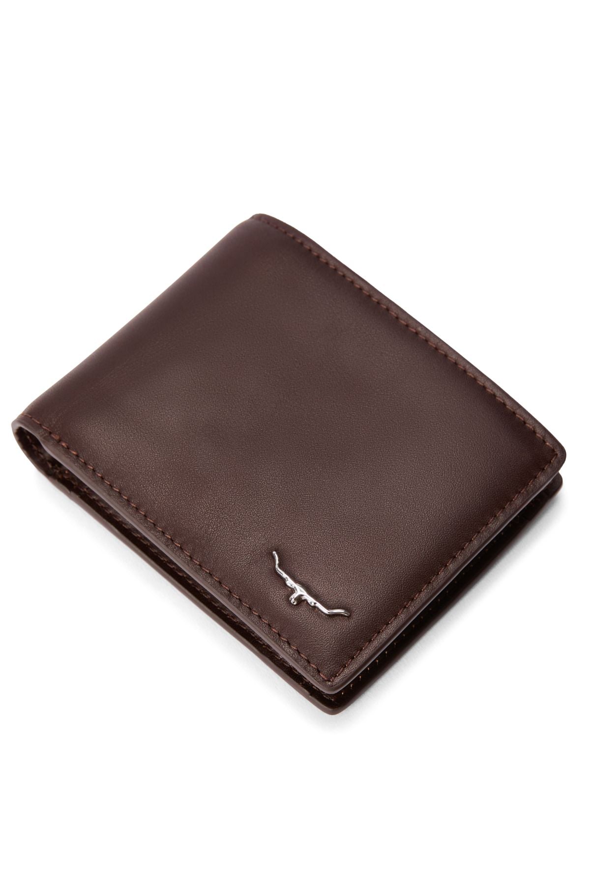 The RM Williams Bi Fold Wallet with Pocket, made of closed brown full-grain leather with RFID protection and a small metallic logo on the bottom right corner, is photographed against a white background.