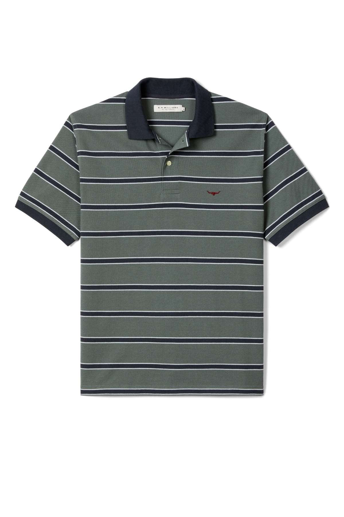 The RM Williams Brunswick Stripe Polo features short sleeves, green fabric with horizontal white stripes, a dark navy collar and cuffs, and a small red embroidered logo on the left chest.