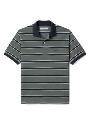 The RM Williams Brunswick Stripe Polo features short sleeves, green fabric with horizontal white stripes, a dark navy collar and cuffs, and a small red embroidered logo on the left chest.