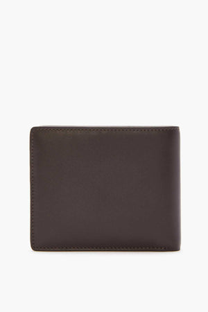The RM Williams City Slim Bi-Fold, a sleek wallet made from full grain brown leather, is displayed against a plain white background and includes multiple card slots for easy organization.