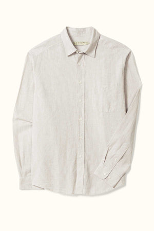 This RM Williams Classic Shirt in light beige showcases a subtle vertical stripe pattern. Crafted from a striped cotton linen blend, it features an embroidered longhorn on the chest pocket and buttoned cuffs, all set against a plain background.