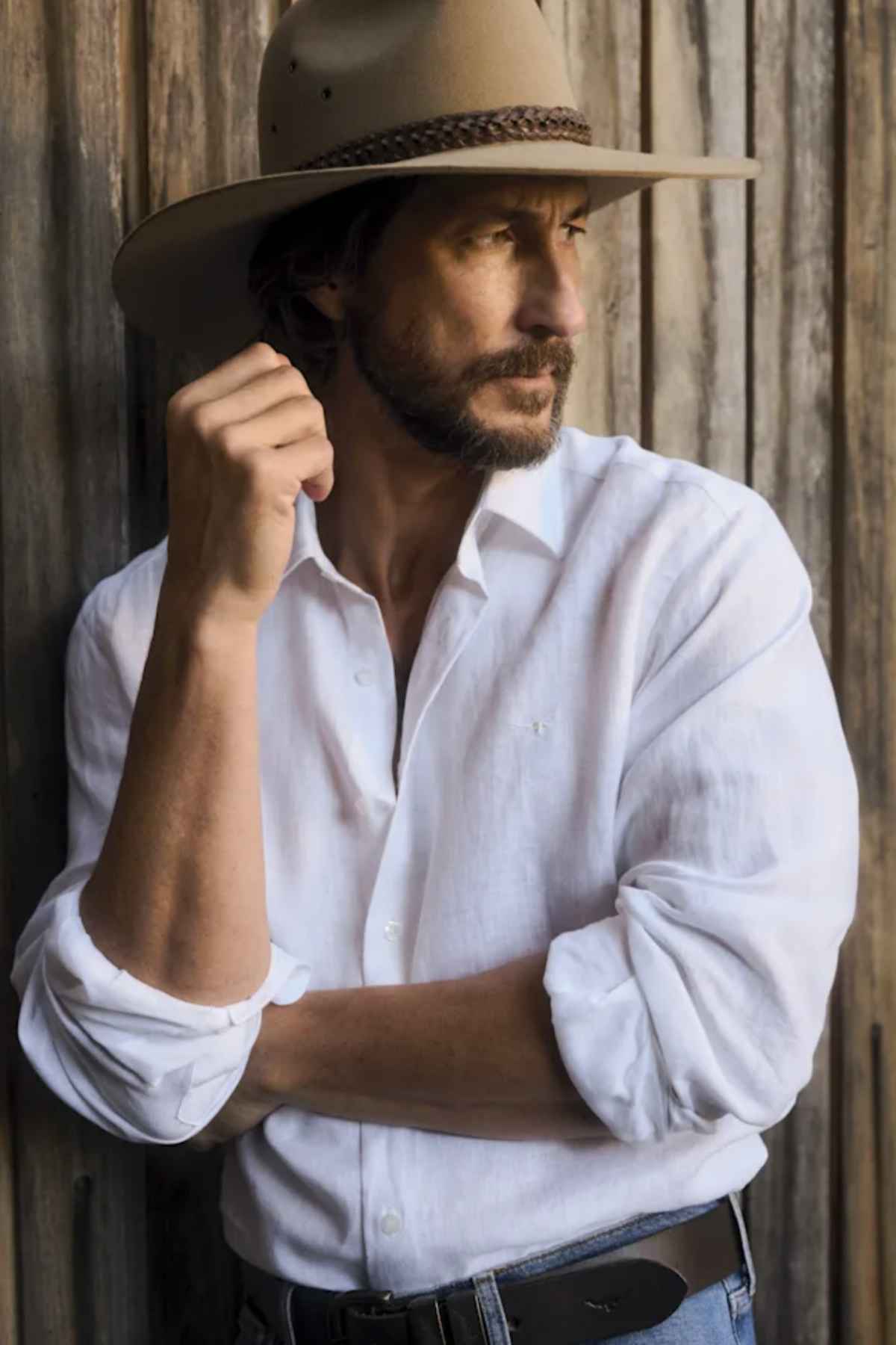 RM Williams Classic Shirt in the colour white. Model wearing shirt