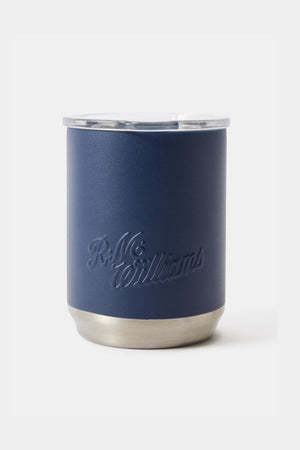 The RM Williams Coffee Cup is a navy blue insulated mug with a silver base, clear lid, and embossed R.M. Williams logo—ideal for your daily coffee.