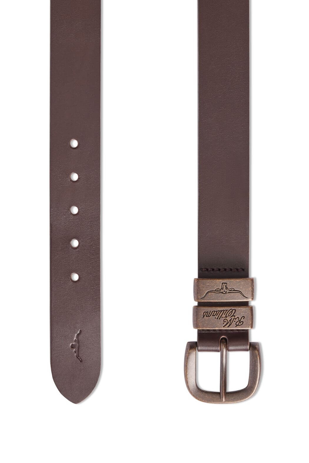 An RM Williams Drover Belt in brown leather is displayed in two positions, fully extended and partially coiled. The belt features an antique brass buckle and multiple adjustment holes. Made from vegetable-tanned leather, the end of the belt has an embossed logo of a kangaroo along with the text "Slick Collar.