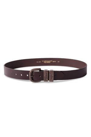 The RM Williams Drover Belt, made from vegetable-tanned leather in a dark brown hue, showcases a rectangular antique brass buckle. It exudes a simple, classic design with multiple adjustment holes and embossed branding near the buckle. Inside, you'll find size and branding information displayed in gold text.