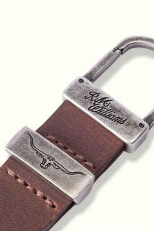 RM Williams Drover Key Fob in the colour Bark. Close up of Key Fob