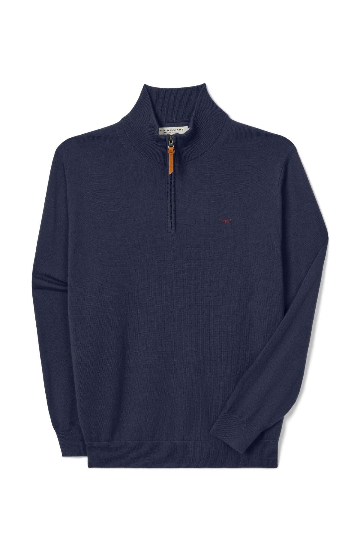 The RM Williams Ernest Merino 1/4 Zip Knit is a navy blue sweater with a brown zipper pull and a small embroidered logo on the left chest, shown flat against a white background.