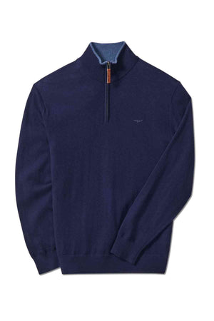 The RM Williams Ernest Sweater is a navy fine gauge merino quarter zip with a high collar, ribbed cuffs and hem, brown zipper pull, and a subtle chest logo.