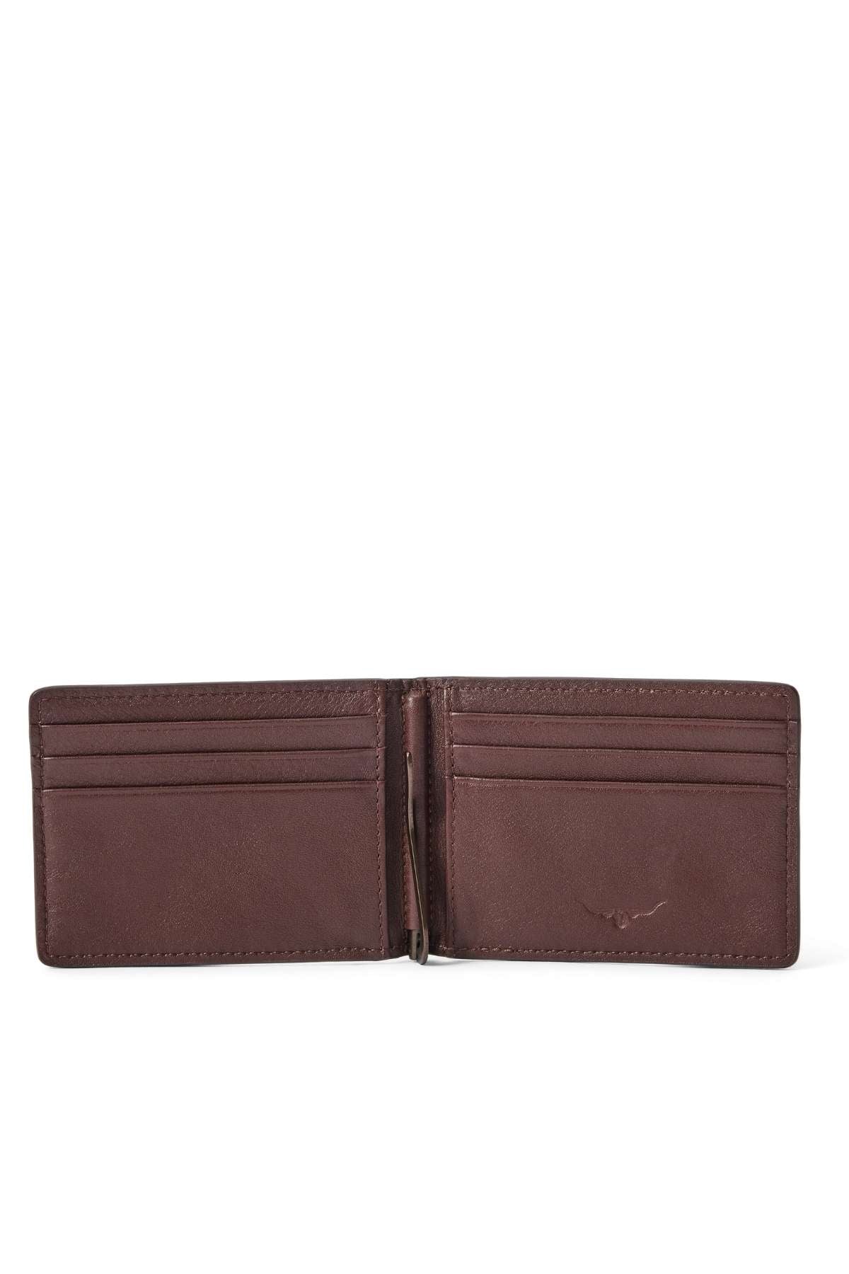 The RM Williams Farrier Bi Fold Clip Wallet, crafted in brown leather with multiple card slots on both sides, is displayed on a white background.